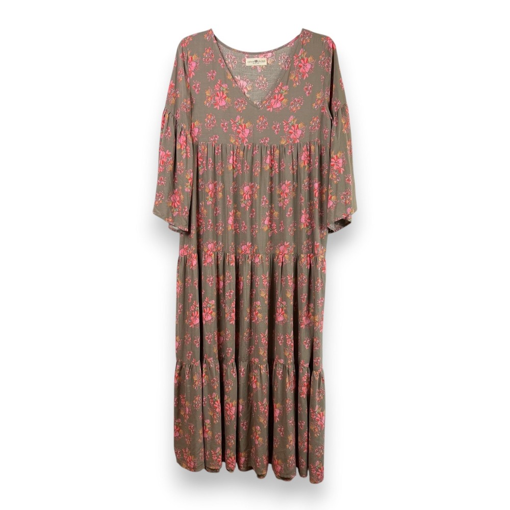 Natural Life Floral Tiered Maxi Dress Womens XS S Olive Pink Boho Cottagecore